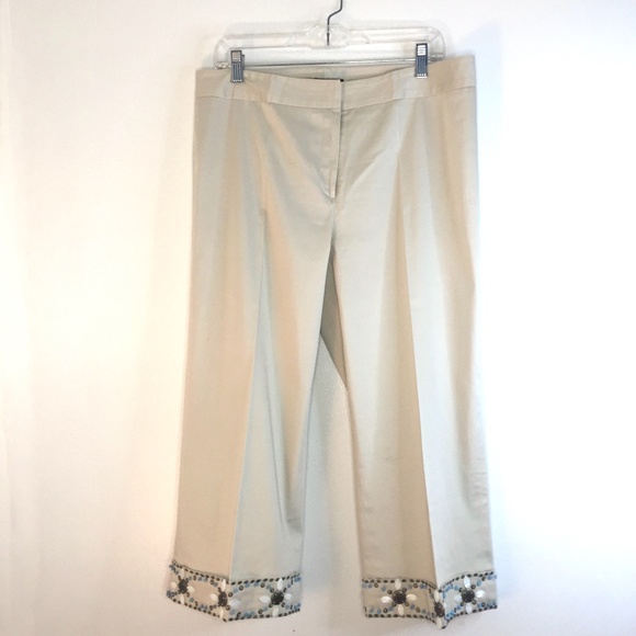 Willi Smith Embellished Beaded Shell Khaki Capri pants Turquoise Bronze Size 12 - Picture 1 of 4